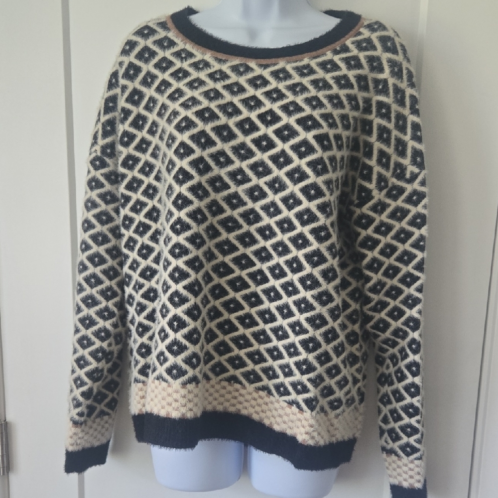Cyrus Black and Cream Crew Neck Sweater with Geometric Pattern